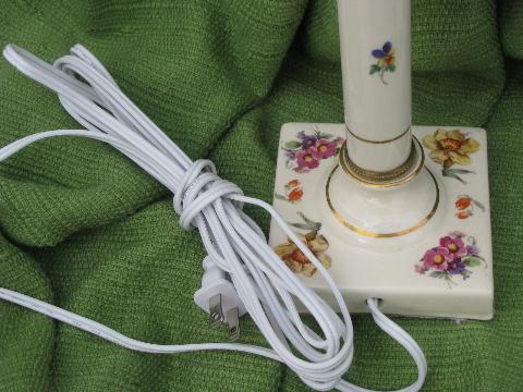 photo of tall flowered china candlestick lamps, vintage brass pull chain sockets #5
