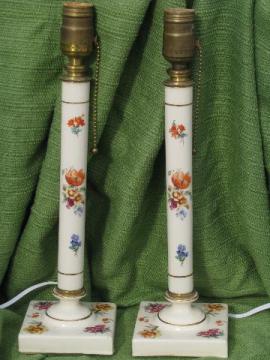 catalog photo of tall flowered china candlestick lamps, vintage brass pull chain sockets