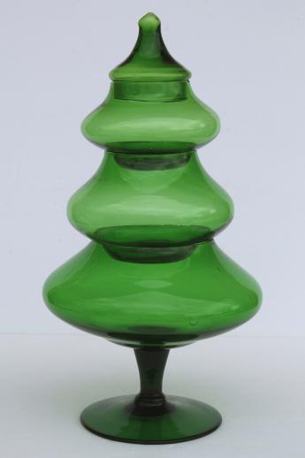 photo of tall glass Christmas tree candy jar, vintage forest green glass tree shape apothecary jar #1