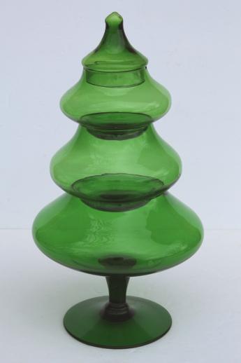 photo of tall glass Christmas tree candy jar, vintage forest green glass tree shape apothecary jar #2