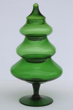 catalog photo of tall glass Christmas tree candy jar, vintage forest green glass tree shape apothecary jar