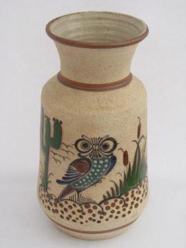 catalog photo of tall hand-painted Tonala Mexican pottery vase w/ owls, vintage Mexico