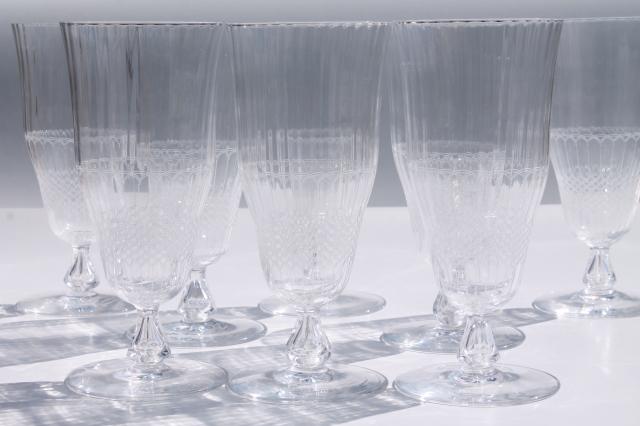 photo of tall iced tea glasses, 8 footed tumblers in vintage panel optic needled etched glass #1