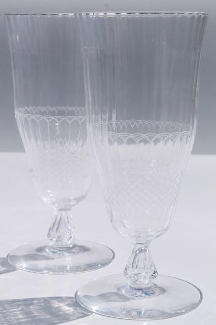 photo of tall iced tea glasses, 8 footed tumblers in vintage panel optic needled etched glass #2