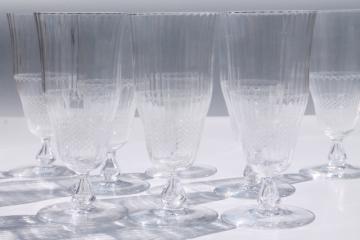 catalog photo of tall iced tea glasses, 8 footed tumblers in vintage panel optic needled etched glass