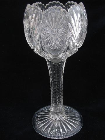 photo of tall ivy bowl pedestal vase, antique vintage pressed starburst pattern glass #1