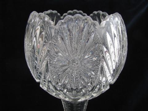 photo of tall ivy bowl pedestal vase, antique vintage pressed starburst pattern glass #3