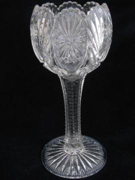 catalog photo of tall ivy bowl pedestal vase, antique vintage pressed starburst pattern glass