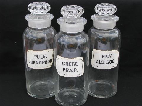 photo of tall old apothecary bottles, antique pharmacy lot w/ original vintage medicine labels #1