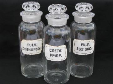 catalog photo of tall old apothecary bottles, antique pharmacy lot w/ original vintage medicine labels