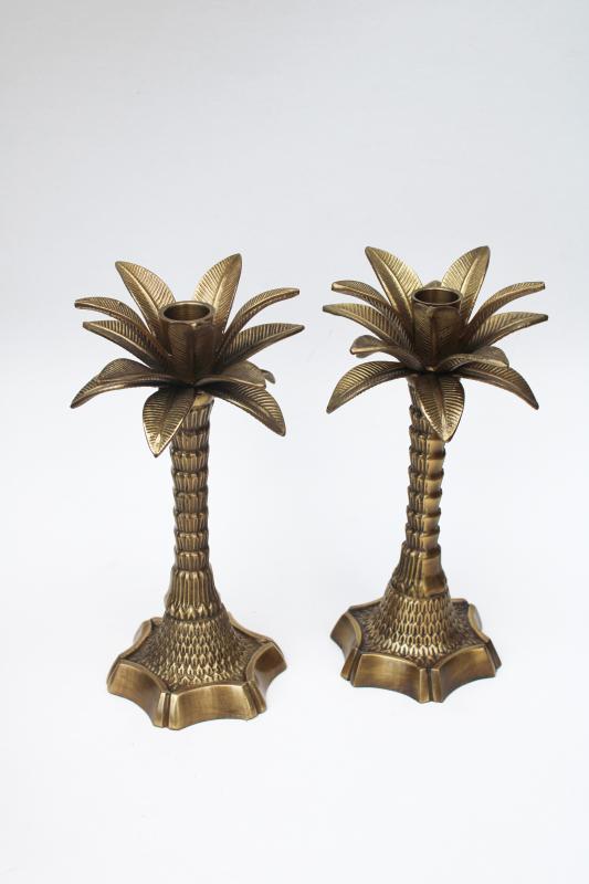 photo of tall palm trees solid brass candlesticks, pair vintage candle holders coastal beach decor #1