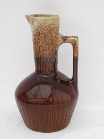 photo of tall pitcher or carafe, retro vintage Western brown drip pottery #1