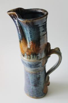 catalog photo of tall pitcher or floor vase, vintage studio pottery retro drip glaze hand thrown clay