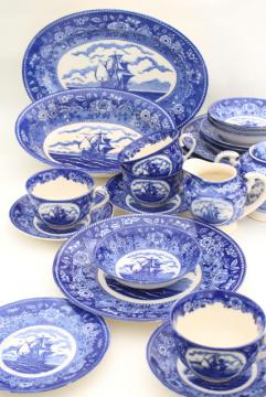 catalog photo of tall ships blue & white china dinnerware set, 40s-50s vintage made in Occupied Japan