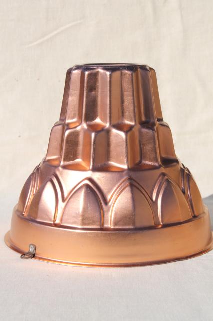 photo of tall turks head pudding mold, vintage pink copper aluminum jello mold #1