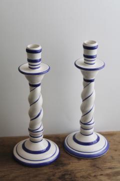 catalog photo of tall twist candlesticks, blue & white Portugal pottery hand painted ceramic candle holders