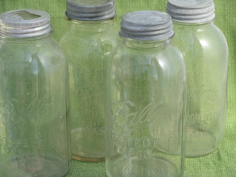 photo of tall two quart mason jars w/ glass & zinc lids, antique Ball & Atlas fruit jar lot #1