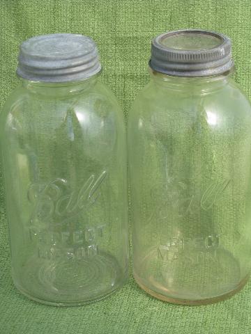 photo of tall two quart mason jars w/ glass & zinc lids, antique Ball & Atlas fruit jar lot #2