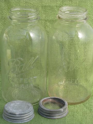 photo of tall two quart mason jars w/ glass & zinc lids, antique Ball & Atlas fruit jar lot #3