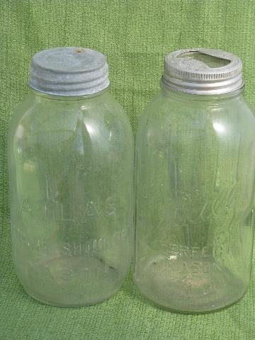 photo of tall two quart mason jars w/ glass & zinc lids, antique Ball & Atlas fruit jar lot #4