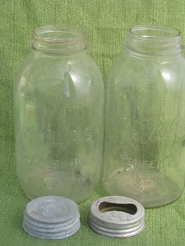 photo of tall two quart mason jars w/ glass & zinc lids, antique Ball & Atlas fruit jar lot #5