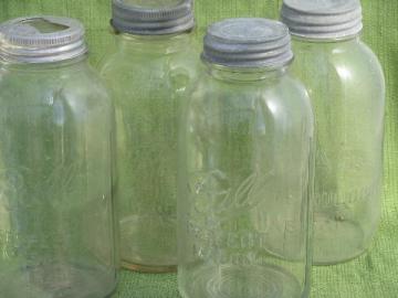 catalog photo of tall two quart mason jars w/ glass & zinc lids, antique Ball & Atlas fruit jar lot