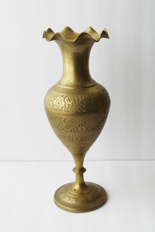 photo of tall vintage solid brass vase engraved or etched paisley floral pomegranates & flowers #1