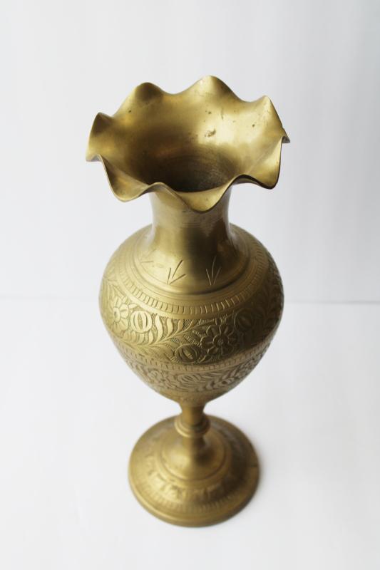 photo of tall vintage solid brass vase engraved or etched paisley floral pomegranates & flowers #8