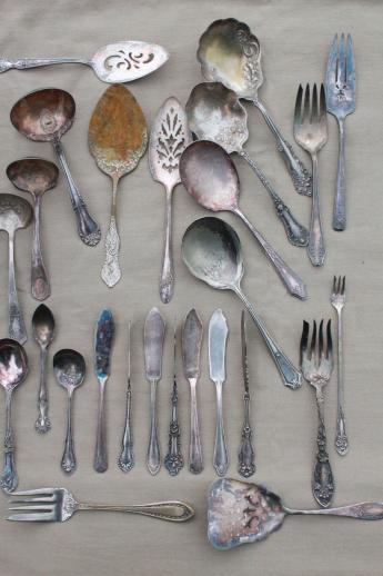 photo of tarnished antique & vintage silverware, lot of mismatched silver plate serving pieces #1