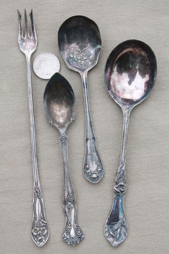 photo of tarnished antique & vintage silverware, lot of mismatched silver plate serving pieces #2