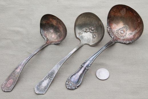 photo of tarnished antique & vintage silverware, lot of mismatched silver plate serving pieces #4