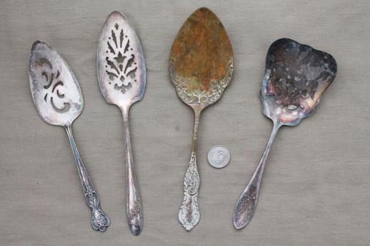 photo of tarnished antique & vintage silverware, lot of mismatched silver plate serving pieces #8