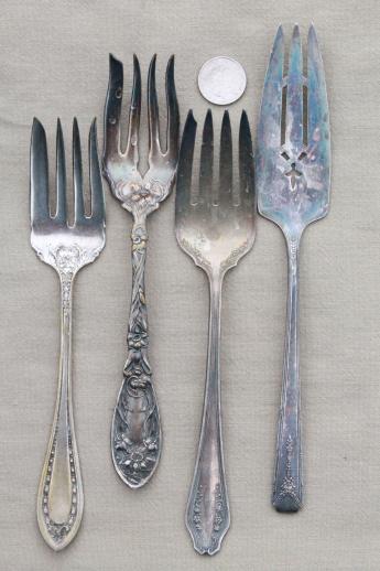 photo of tarnished antique & vintage silverware, lot of mismatched silver plate serving pieces #12