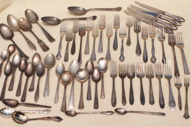 photo of tarnished antique & vintage silverware, lot of mixed silver plate flatware #1