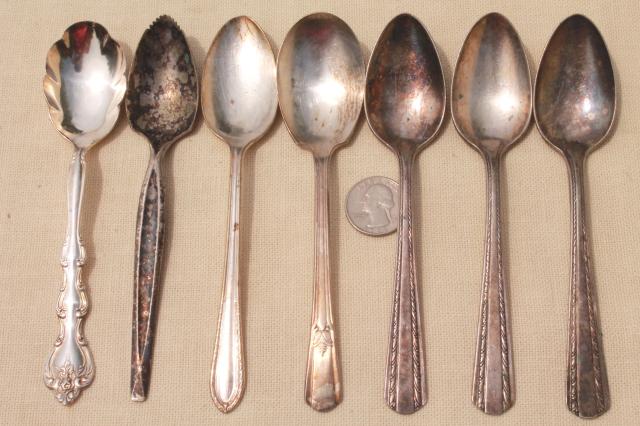 photo of tarnished antique & vintage silverware, lot of mixed silver plate flatware #2