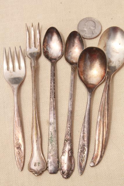 photo of tarnished antique & vintage silverware, lot of mixed silver plate flatware #4