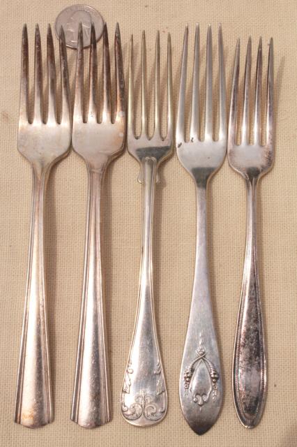 photo of tarnished antique & vintage silverware, lot of mixed silver plate flatware #7