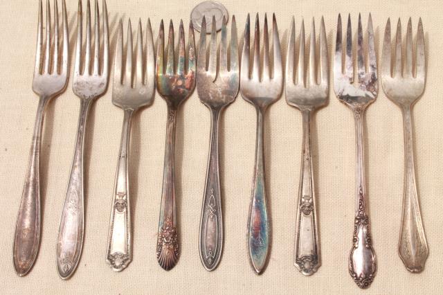 photo of tarnished antique & vintage silverware, lot of mixed silver plate flatware #9