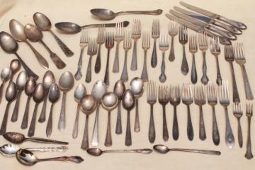 catalog photo of tarnished antique & vintage silverware, lot of mixed silver plate flatware