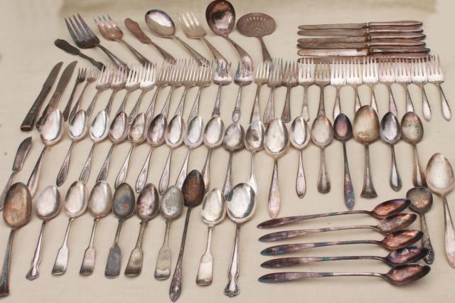 photo of tarnished antique & vintage silverware, lot of mixed silver plate flatware #1