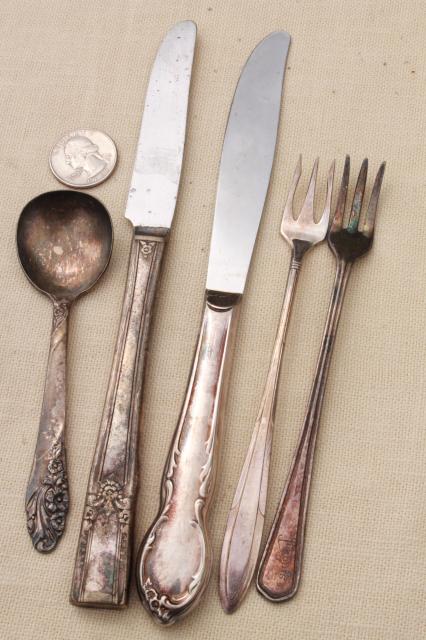 photo of tarnished antique & vintage silverware, lot of mixed silver plate flatware #8