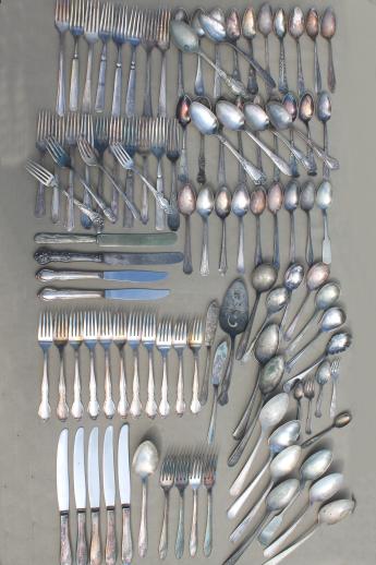 photo of tarnished antique & vintage silverware, lot of mixed silver plate flatware #1