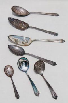 catalog photo of tarnished antique & vintage silverware, lot of mixed silver plate serving pieces