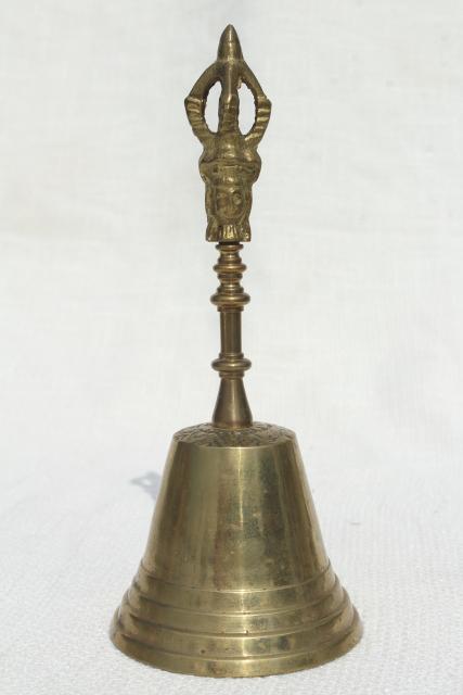 photo of tarnished brass prayer bell, vintage temple hand bell made in India or Tibet #1