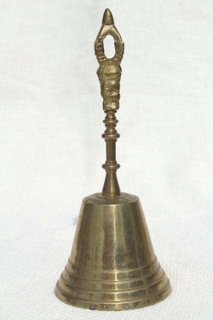 photo of tarnished brass prayer bell, vintage temple hand bell made in India or Tibet #7