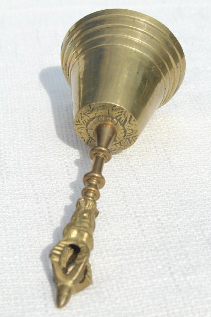 photo of tarnished brass prayer bell, vintage temple hand bell made in India or Tibet #10