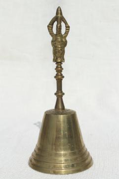 photo of tarnished brass prayer bell, vintage temple hand bell made in India or Tibet