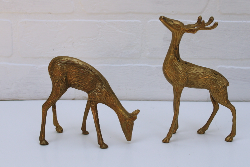 photo of tarnished brass reindeer buck & doe deer, solid brass figurines for Christmas, rustic woodland decor #2