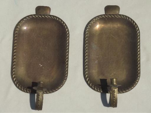 photo of tarnished old brass tray wall sconces, primitive vintage candle sconces #1