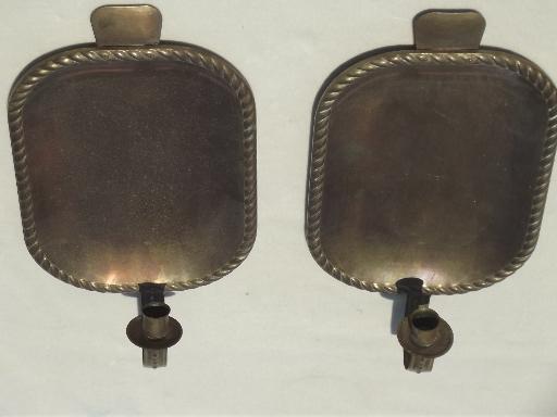 photo of tarnished old brass tray wall sconces, primitive vintage candle sconces #4